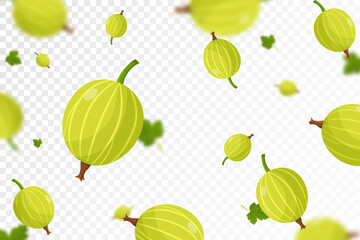 Flying gooseberry, seamless pattern background with blur effect. Falling Ripe gooseberry, isolated berries. Can be used for wallpaper, banner, poster, print, fabric, wrapping paper. vector flat design