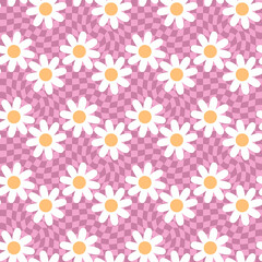 Psychedelic seamless pattern with camomile flowers on trippy grid background. Groovy print for tee, paper, fabric, textile. Retro style illustration for decor and design.