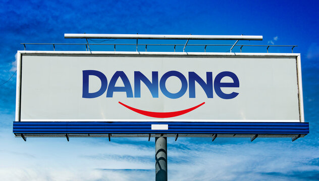 Advertisement billboard displaying logo of Danone