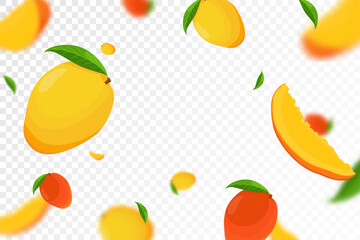 Flying mango, seamless pattern background with green leaves and slices of mango fruits. Blurry effect, realistic 3d vector illustration. Falling mango isolated on transparent background