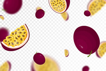 Falling juicy ripe passion fruit, isolated on transparent background. Flying whole and sliced fruits with defocused blur effect. Can be used for wallpaper, banner, poster, print. Vector flat design