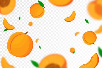 Falling juicy ripe peach fruit, isolated on transparent background. Flying whole and slices of peach with blur effect. Can be used for wallpaper, banner, poster, print. Vector flat design