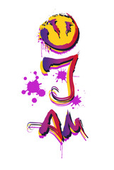 Lettering, inscription i am with emoji smile, graffiti grunge style, with colored smudges and blobs. Street style trendy bright vector illustration isolated on white background.
