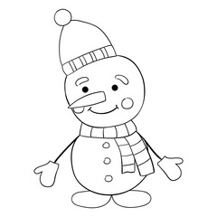 Cute cartoon snowman with a thin line. Vector illustration of a doodle