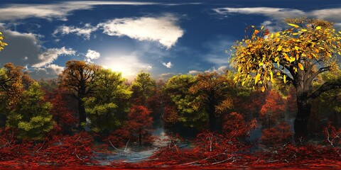 Panorama of the autumn landscape. HDRI, environment map , Round panorama, spherical panorama, equidistant projection, panorama 360, 3d rendering