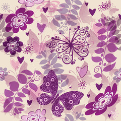 Seamless valentine pattern with pink butterflies and flowers on a  yellow background. Vector 