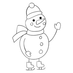 Cute cartoon snowman with a thin line. Vector illustration of a doodle