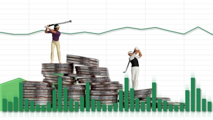 The concept of a successful investment analysis. Pile of coins and miniature golfers and graphs.
 - Powered by Adobe