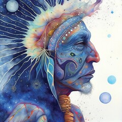 Spirit of a shaman, native american indian face, surreal illustration, magic signs and symbols