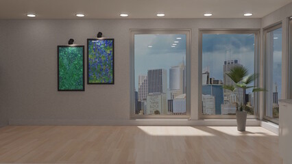 テレビ会議背景用 ZOOM会議背景用 CG 高級ホテル 部屋 窓 高層ビル 高層ビル街 for using in video conference and as a zoom background.