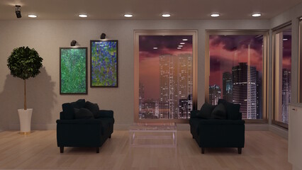 テレビ会議背景用 ZOOM会議背景用 CG 高級ホテル 部屋 窓 夜景 高層ビル 高層ビル街 for using in video conference and as a zoom background. © kx59