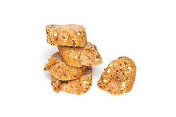 Multigrain bread baguette slices isolated on white background