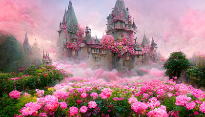 Magical unusual fairy-tale palaces, flower beds with roses.