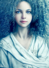 Portrait of beautiful cute girl with curly long hair