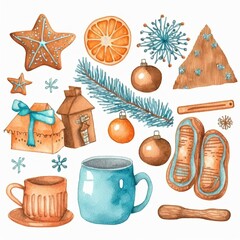 Christmas watercolor illustration with winter accessories or elements