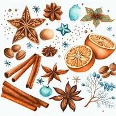 Fototapeta premium Christmas watercolor illustration with winter accessories or elements