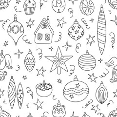 Seamless pattern with doodle Christmas baubles vector illustration. Hand drawn Xmas balls. Black outline ornaments isolated on white background. Childish line stars 