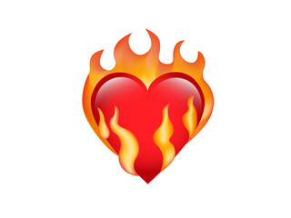Classic love red glossy heart on fire icon, used for desire on transparent background