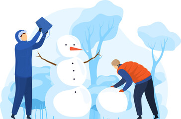 Winter christmas fun snowballs outdoor people kids snowman. Christmas winter playing snowballs outdoors, active season cartoon style vector illustration isolated on white