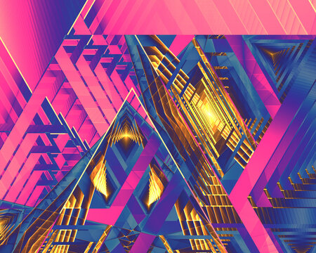 Abstract psychedelic geometric fractal art background of infinitely repeating triangles.