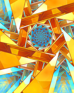 Abstract orange and blue geometric fractal art background of infinitely repeating triangles