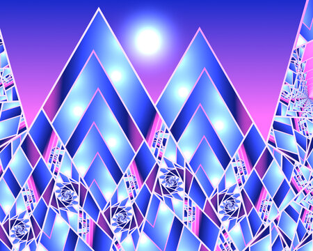 Abstract pastel pink and blue geometric fractal art background which perhaps suggests mountain peaks.