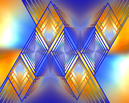 Abstract fractal art pattern of infinitely repeating gold and blue diagonal lines and diamond shapes.