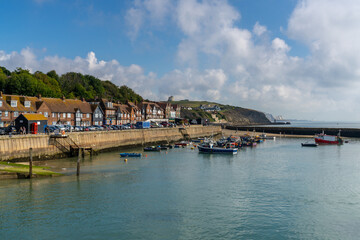 Fototapeta na wymiar the Folkestone Harbour with many boats at anchor and red brick rowhouses on the waterfront