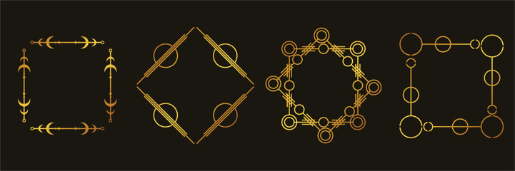 Set of luxury geometric gold frame vector. Gradient gold art deco, antique, vintage style, geometric line shape on black background. Elegant design illustration for card, decoration, poster, banner.