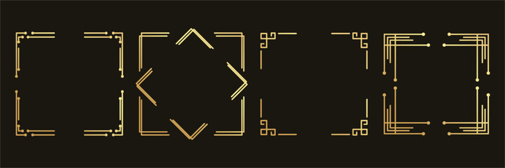 Set of luxury geometric gold frame vector. Gradient gold art deco, antique, vintage style, geometric line shape on black background. Elegant design illustration for card, decoration, poster, banner.