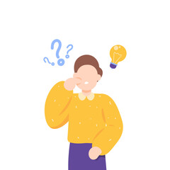 ask questions and answers. Solution to solve the problem. looking for ideas and inspiration. an entrepreneur thinks of solutions to solve his business problems. light bulb and question mark. concept