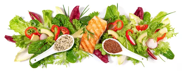 Crédence de cuisine en verre imprimé Légumes frais Grilled Salmon Fillet with fresh Salad - Lettuce Panorama isolated on white Background Panorama