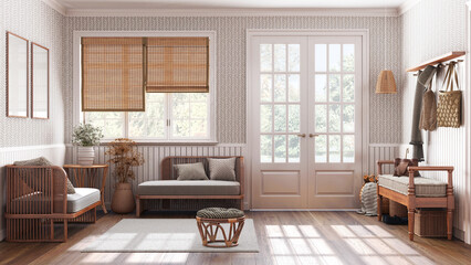 Farmhouse hallway and living room in white and beige tones with frame mockup. Wooden bench, coat rack and sofa. Glass entrance door, vintage interior design