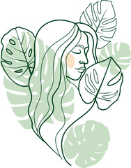 portrait of a beautiful young woman with monstera leafes