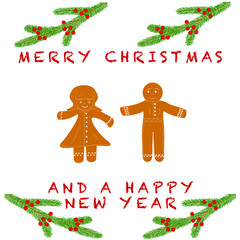 MERRY CHRISTMAS AND A HAPPY NEW YEAR WITH CHRISTMAS TREE BRANCH AND GINGERMEN WHITE