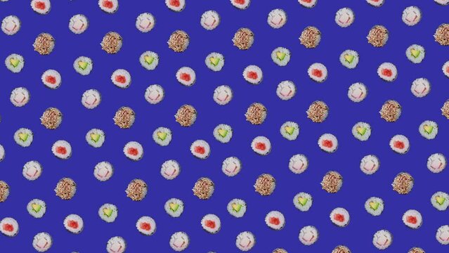 trendy food animation or background of moving sushi maki rolls on blue background