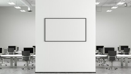 Blank horizontal poster mock up on the wall of modern office interior.