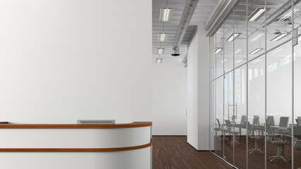 Blank white office wall mock up with office reception desk.