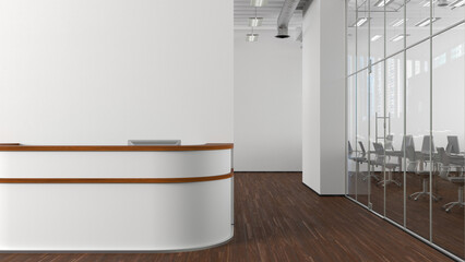 Blank white office wall mock up with office reception desk.