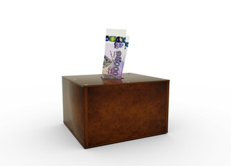 Cambodian riel notes inside wooden savings box. Generic savings Bank, Penny Bank, Money Box. 3d rendering