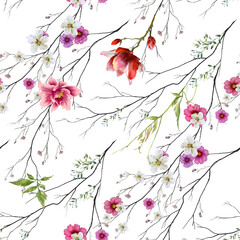 Watercolor painting of leaf and flowers, seamless pattern on white background - 547386147