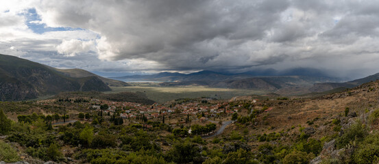 panorama view of the village of Chrisso and the Crissaean Gulf in Central Greece
