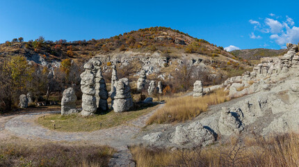 panorama view of the Stone Dolls rock formations near Kratovo in North Macedonia