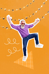 Fototapeta na wymiar Vertical creative photo collage of satisfied careless funky good mood old man dancing stars garland isolated on orange color background