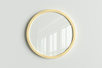 Wooden round frame poster mock up on the white wall.