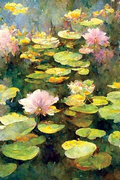 Waterlily, Pink Lily Flowers, Lake Landscape. Printable Watercolor Painting