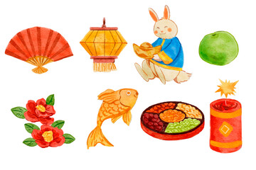 Watercolor chinese new year ornaments collection