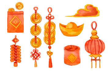 Watercolor chinese new year ornaments collection