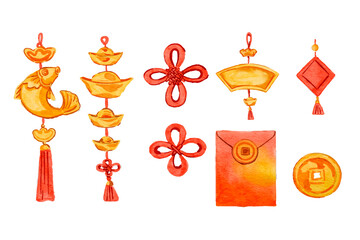 Watercolor chinese new year ornaments collection