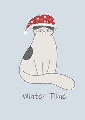 Cat sitting in red santa hat. Winter illustration of cute little animal for Christmas holidays